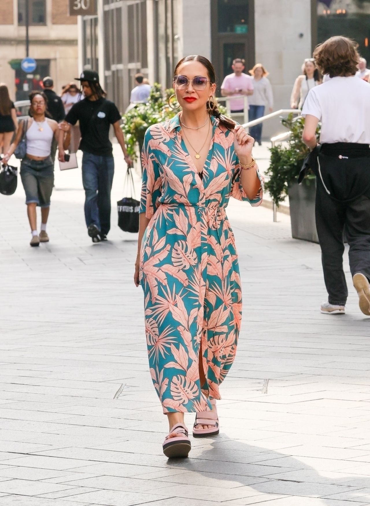 Myleene Klass Wearing a Floral Dress and Sandals in London3